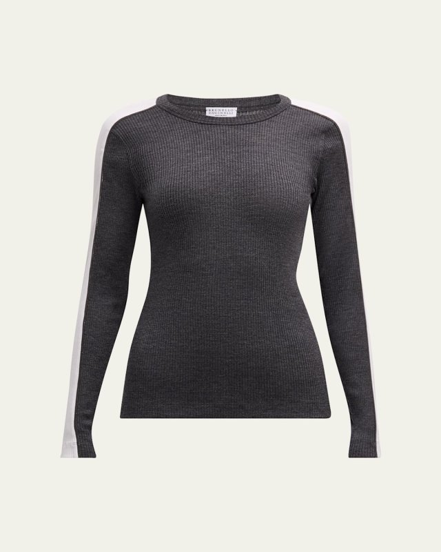 Contrast-Band Rib Jersey Retro Crewneck Sweater